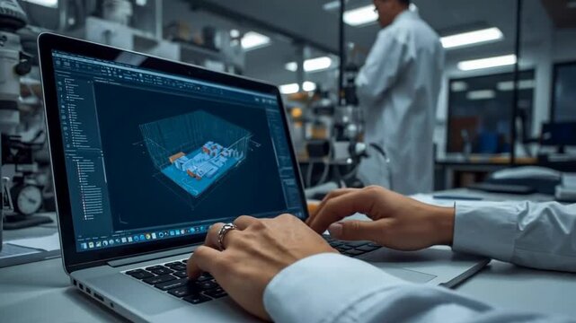 A person is working on a laptop displaying a 3D design in a laboratory setting, with another individual in a lab coat in the background.