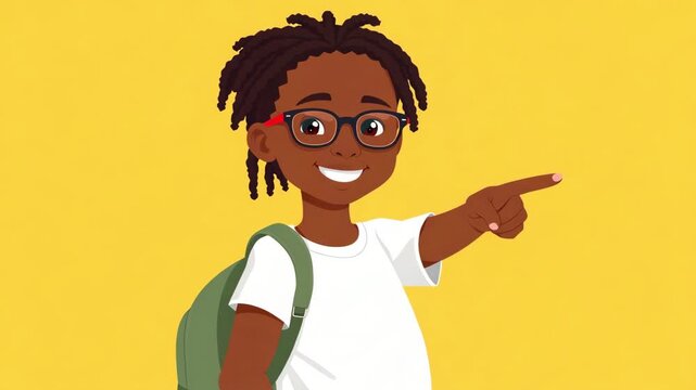 Smiling boy in glasses with backpack on shoulders, cartoon vector style. African American child in white t-shirt pointing to the side with finger, concept of getting ready for school