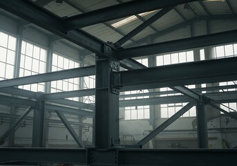 Steel frame construction inside industrial warehouse, showing structural beams and framework in progress, symbolizing engineering, strength, and architecture.