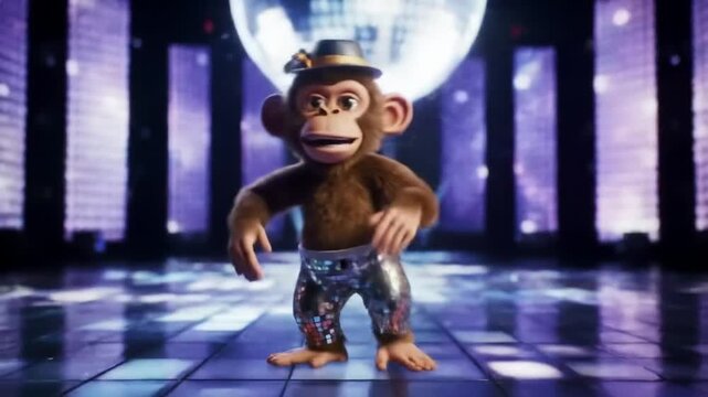 Animated chimpanzee dancing on a shiny dance floor