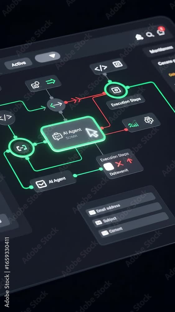 Poster ai agent workflow diagram digital interface futuristic design dark mode glowing lines data processin