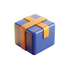 A colorful 3D gift box icon with a purple base, orange lid, and a decorative yellow ribbon bow, perfect for celebration themes, festive designs, party invitations, holiday graphics, and app or website