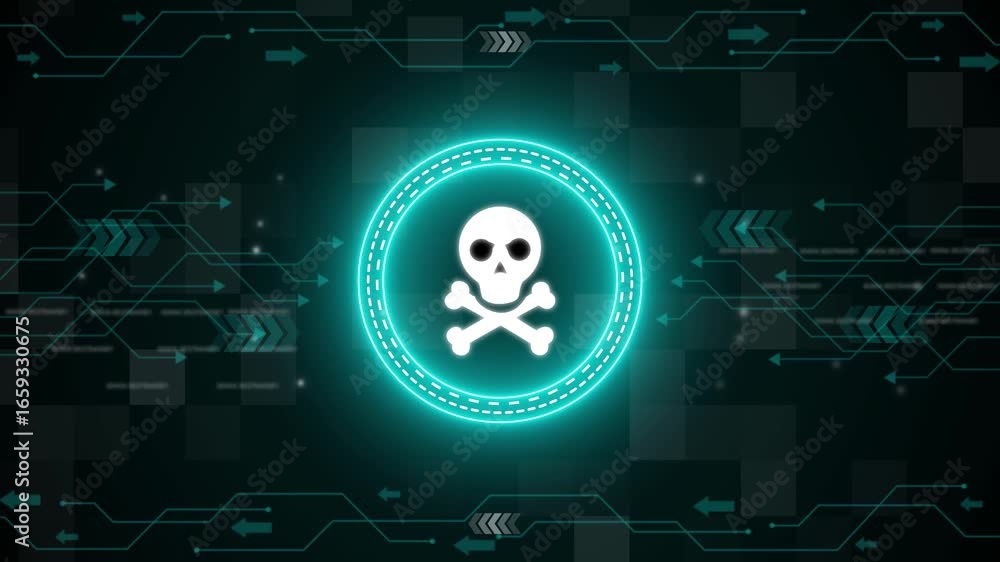 Poster danger icon on digital hacker screen. skull logo and icon on dynamic technology background. abstract