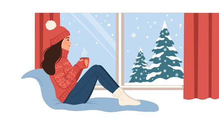 Obraz premium Woman Enjoying Snowy View From Window in Red Knitted Sweater and Beanie with Cup of Tea Relaxing on Couch During Winter Season