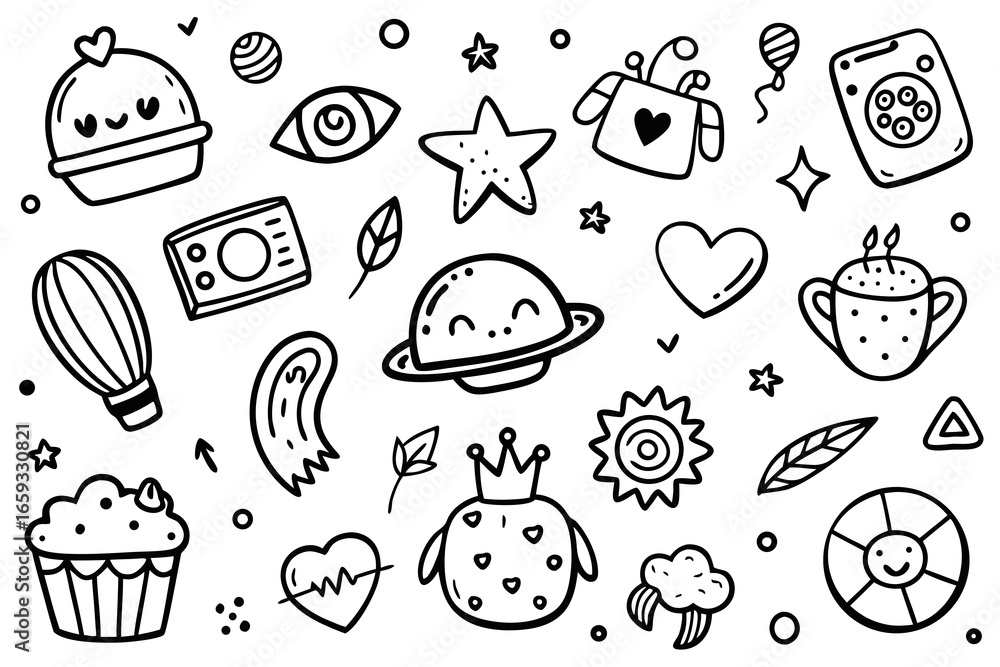 Poster whimsical doodle icons for creative design projects, perfect for adding a playful touch to your webs