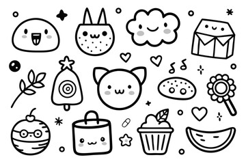 Hand-Drawn Kawaii Doodle Collection with Adorable Smiling Faces, Perfect for Whimsical Designs, Greeting Cards, and Playful Illustrations, Charming Characters, Sweet Delights, and Magical Elements