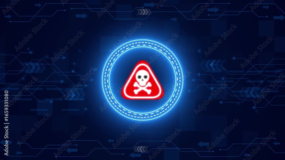 Poster danger icon on digital hacker screen. skull logo and icon on dynamic technology background. abstract