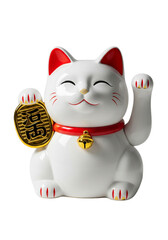 White maneki neko lucky cat isolated on transparent background