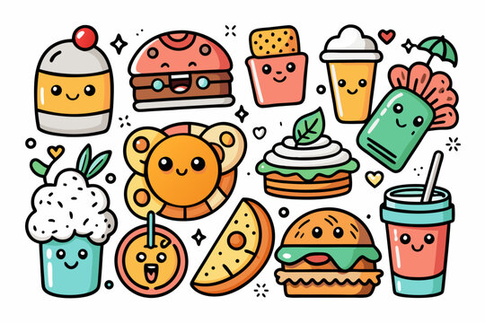 Delightful cartoon food illustrations with smiling faces, perfect for restaurant menus, food blogs, social media posts, and fun design projects that need a cheerful vibe