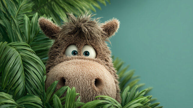 Soft toy donkey hiding behind leaves and bushes, copy space for christmas theme, character design