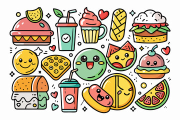 Whimsical food illustrations perfect for menus, branding, and playful designs, featuring burgers, pizza, and smiling snacks with vibrant colors