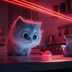 Cute Kitten with Red Laser, and Kitchen.
