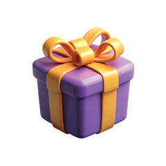 A colorful 3D gift box icon with a purple base, orange lid, and a decorative yellow ribbon bow, perfect for celebration themes, festive designs, party invitations, holiday graphics, and app or website