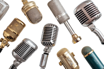 Vintage microphones in various styles, metal and gold