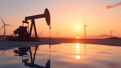 Silhouette of oil pump on the beach with energy industry background