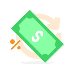 illustration of cashback concept with money, circular arrow, percentage symbol. Finance refund, discount promotion, money back guarantee, rebate, saving icon for business and marketing design