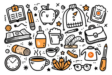 Whimsical doodle collection featuring diverse objects, perfect for branding, social media, creative projects, adding a playful touch to designs, and visual storytelling with eye-catching elements