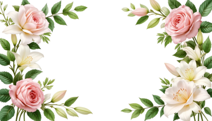 Watercolor rose corners: elegant pink and white flowers on a transparent PNG for wedding invitations and decor.