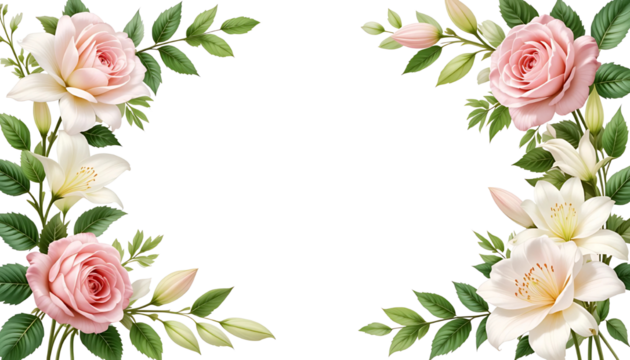 Watercolor rose corners: elegant pink and white flowers on a transparent PNG for wedding invitations and decor.