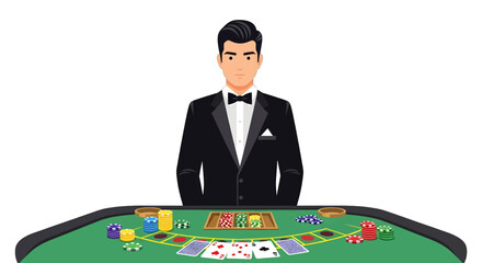 Pixel Art Illustration of Casino Dealer in Tuxedo at Green Table with Cards and Chips Under Bright Light