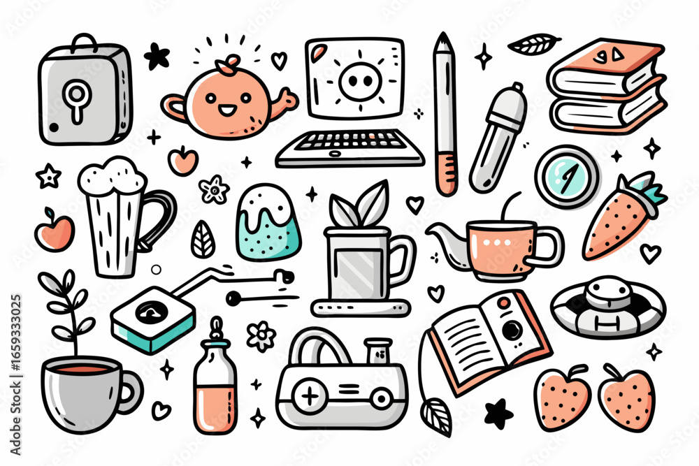 Poster playful doodle illustrations of everyday objects, perfect for creative projects, design elements, an