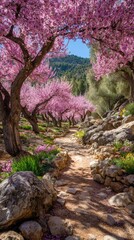 Sunlit path winds through blossoming pink trees and rocks