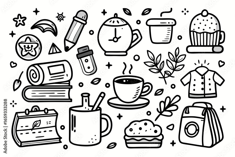 Poster whimsical doodle collection of everyday objects, perfect for adding a touch of creativity and charm 