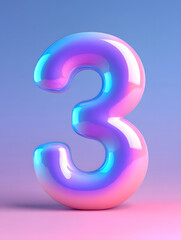 Glossy plastic texture 3d render of number 3 on white background