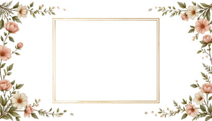 Watercolor floral frame: blush flowers and leaves with a golden rectangle on a transparent PNG for elegant invitations.