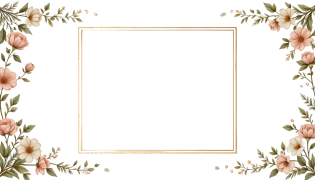 Watercolor floral frame: blush flowers and leaves with a golden rectangle on a transparent PNG for elegant invitations. - Powered by Adobe