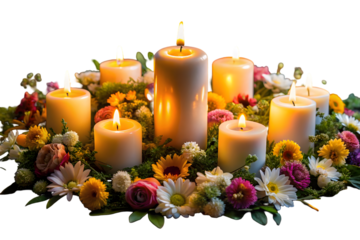 A group of candles with a flower wreath around it
