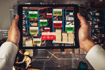 Smart warehouse management system using augmented reality technology to identify package picking and delivery . Future concept of supply chain and logistic business .