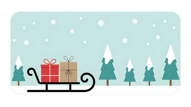 A christmas sleigh with presents in a snowy landscape with trees and falling snowflakes in the background