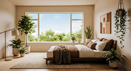 Fototapeta premium Modern minimalist bedroom in soft earthy brown tones, calm and cozy with indoor plants, natural light, metal lamp, and wide window revealing fresh garden under clear blue sky. 