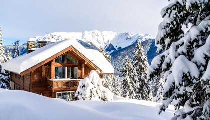Snowy mountain cabin nestled in a winter wonderland