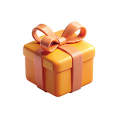 A colorful 3D gift box icon with a purple base, orange lid, and a decorative yellow ribbon bow, perfect for celebration themes, festive designs, party invitations, holiday graphics, and app or website