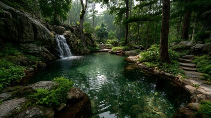 Lush Forest Waterfall Cascading Into