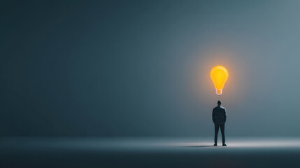 Obraz premium Person stands in dimly lit space, gazing at glowing light bulb above, symbolizing inspiration and creativity. scene evokes sense of contemplation and innovation