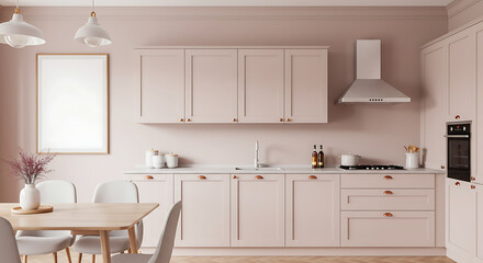 Modern Kitchen Interior with a Blank Photo Frame on the Wall and a fantasy pink combination