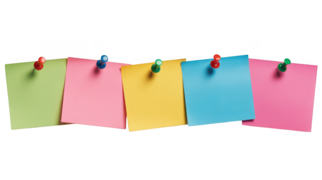 Five colorful sticky notes pinned to a surface isolated on transparent background
