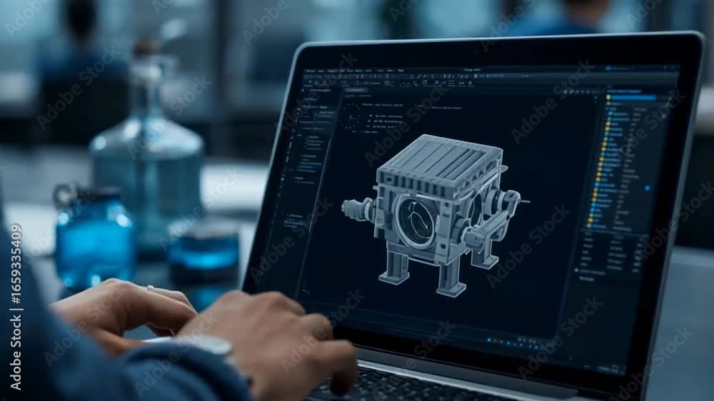 Poster a person is using a laptop to view a 3d model of a mechanical component on the screen, with laborato