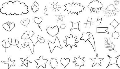 Sketch pencil stroke vector graphic pen underline scribble icon. doodle style crayon chalk icons with rainbow, crown, heart, star ,cloud and sun. 
