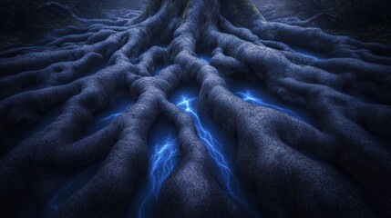 Magnificent tree roots illuminated by electric blue energy forming an abstract pattern
