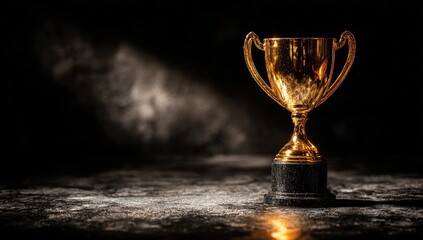 Golden trophy on dark surface, spotlight