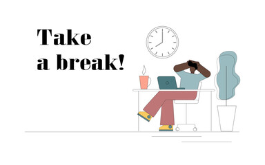 Take a break. A man sits at a table and rests after completing his work..eps