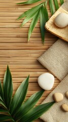 Serene Spa Still Life: Bamboo, Stones, and Green Leaves on Woven Mat