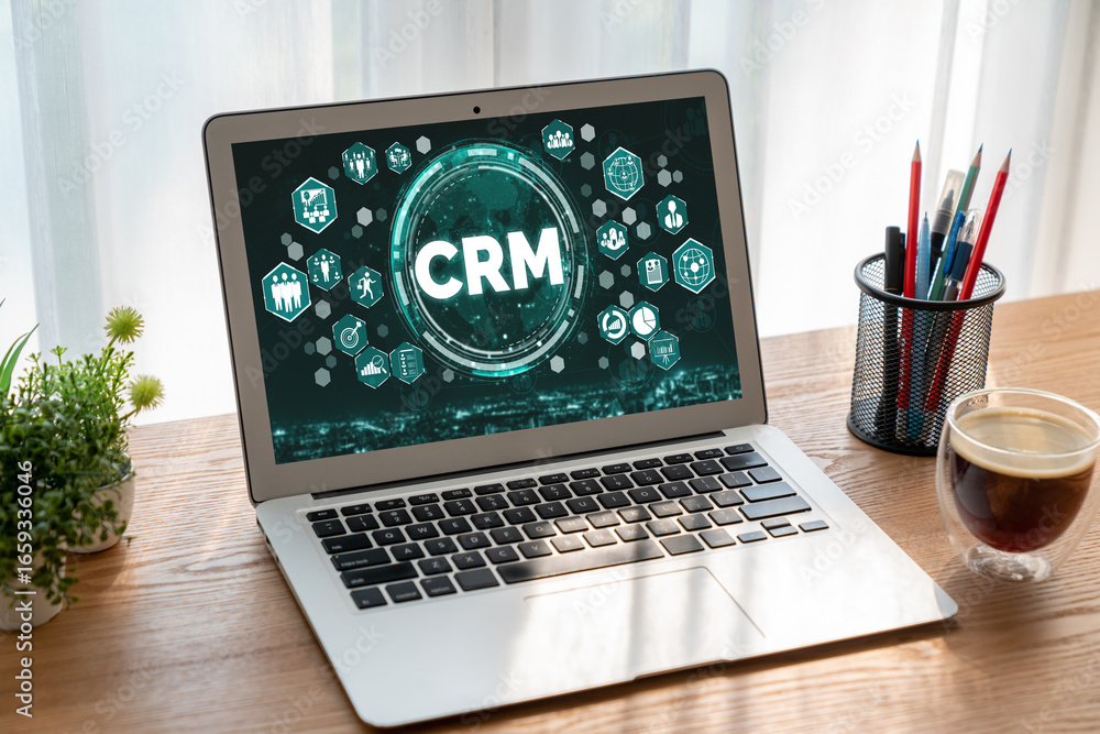 Poster customer relationship management system on modish computer for crm business and enterprise