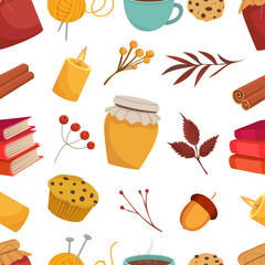Autumn elements pattern Cozy vibrant honey books muffin candle tea cup