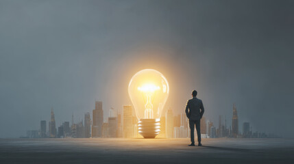 Businessman stands in front of giant light bulb illuminating city skyline, symbolizing innovation and ideas. scene conveys sense of inspiration and potential for growth