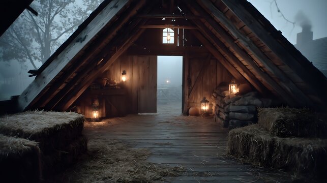 Haunting atmosphere inside the upper loft of an abandoned barn during Halloween at midnight